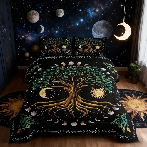 Miniatura 28 de Juego de edredón de champiñones para niños, tamaño individual, juego de ropa de cama romántica con sol, luna, cielo estrellado y galaxia, decoración