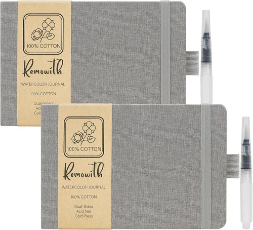 Miniatura 18 de Cuaderno de bocetos de acuarela, 5.5" x 5.5" Libros de bocetos para artistas, cuaderno de papel de acuarela de algodón, cubierta de lino con pluma