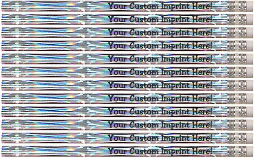 Express Pencils™ Lápices personalizados – Redondo – Tema láser – Impreso personalizado con tu mensaje, texto o logotipo, paquete de 12 – plateado