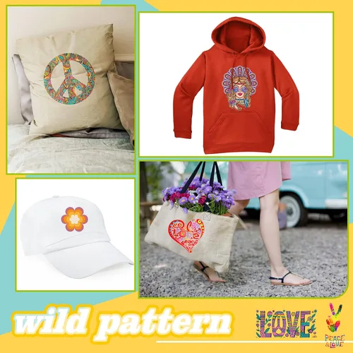 Miniatura 6 de Containlol 12 hojas de parches hippie para planchar, calcomanías de transferencia de calor para ropa, primavera, paz, amor, corazón, flor, apliques
