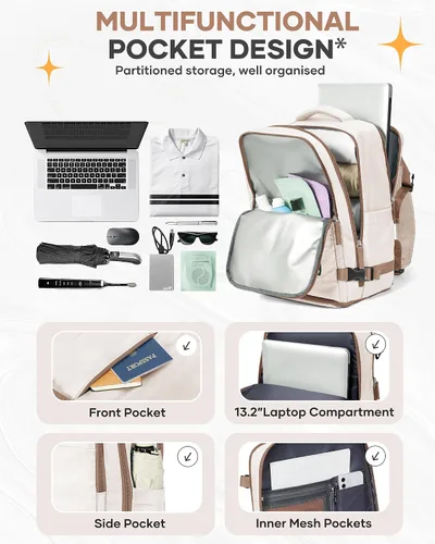 Miniatura 4 de Mochila de viaje grande, bolsa de mano, aprobada para aviones, para artículos personales, para hombre o mujer, color beige con marrón