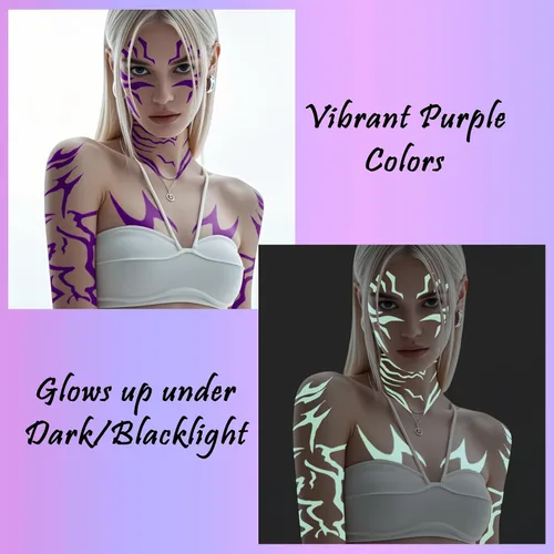 Miniatura 4 de 12 tatuajes temporales morados que brillan en la oscuridad, tatuajes falsos de baile para cosplay, Halloween, festival de música, maquillaje