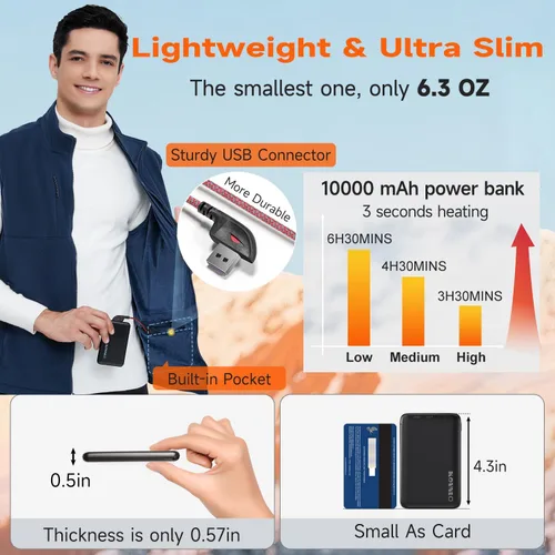 Miniatura 4 de KOVNLO Chaleco térmico para hombre con batería incluida, forro polar suave, chaqueta térmica eléctrica inteligente y ligera