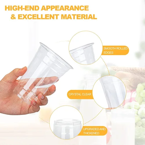 Miniatura 3 de TashiBox Vasos de plástico con tapas [24 oz 100 tazas y 100 tapas planas], vasos de plástico desechables de cristal transparente, tazas de batido