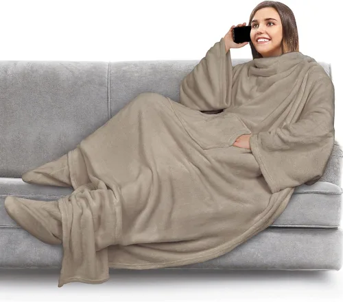 Miniatura 8 de PAVILIA Manta de forro polar con mangas, bolsillos para los pies para mujeres, hombres y adultos, manta de felpa para llevar, cálida manta