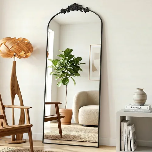 Antok Espejo arqueado de longitud completa, espejo de piso de 64 x 21 pulgadas con tallado, espejos de cuerpo completo para decoración del hogar,