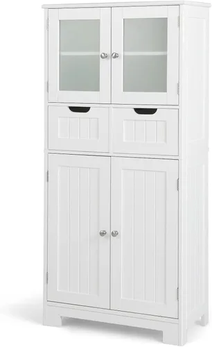 Miniatura 10 de Giantex Armario de almacenamiento para piso de baño, armario independiente con 2 puertas de vidrio, 2 cajones y estantes ajustables, organizador