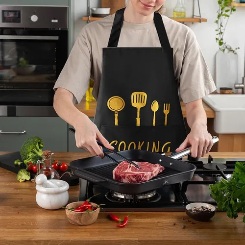 Miniatura 6 de Delantal de cocina para mujer con bolsillos para limpiar las manos, bolsillo grande, limpieza a mano, impermeable para cocinar y hornear, color negro