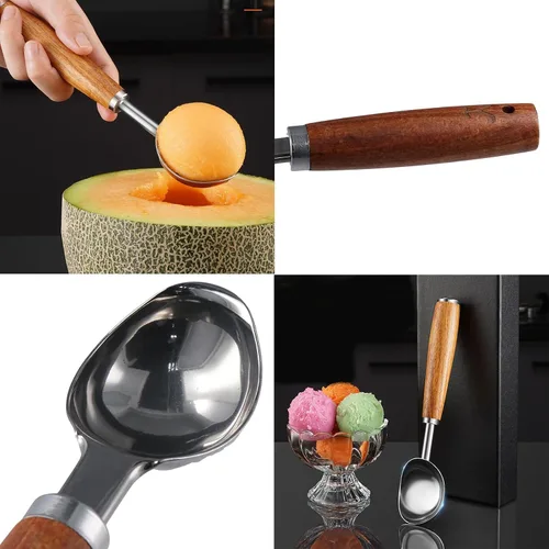 Miniatura 3 de Cuchara de helado de acero inoxidable con mango de madera, cuchara de hielo de metal para congelador, cuchara de galletas de café, accesorios