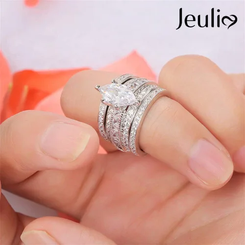 Miniatura 2 de Jeulia Juego de anillos de boda de 2 quilates de 3 piezas para mujer, anillos de compromiso de circonita cúbica de corte marquesa de plata de ley