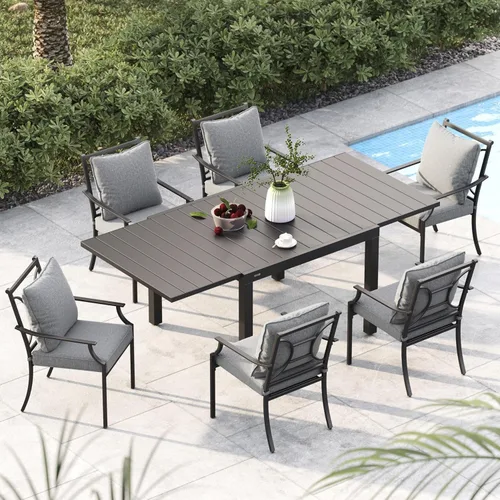 Grand patio Juego de comedor de patio de 7 piezas para 6, 6 sillas de comedor al aire libre con revestimiento electrónico con cojines de olefina y 1