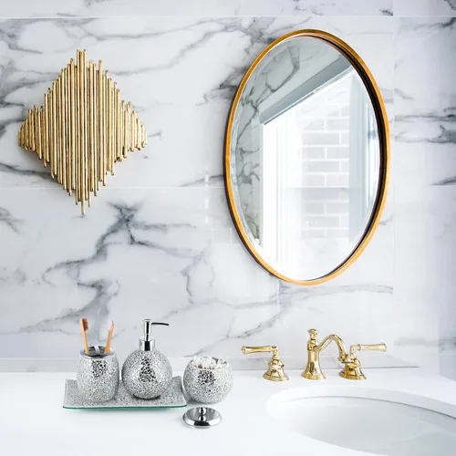 Miniatura 7 de Juego de accesorios de baño de vidrio de mosaico, moderno conjunto de baño de lujo, incluye dispensador de jabón, tarro de hisopo de algodón