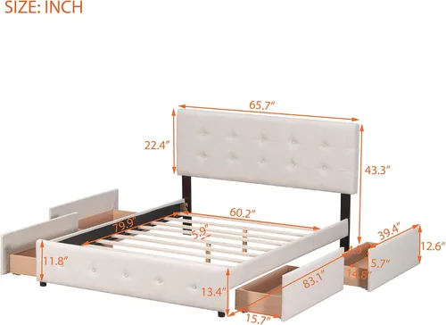 Miniatura 2 de Harper & Bright Designs Cama de plataforma tapizada tamaño Queen con almacenamiento, marco de cama Queen con 4 cajones y cabecero copetudo