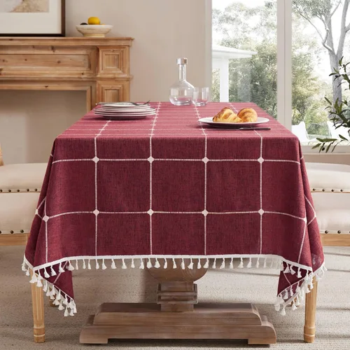 Miniatura 62 de ZeeMart - Mantel de mesa con diseño de cuadrícula boho y borlas (blanco roto, 132 cm x 132 cm), mantel de gran peso de lino a cuadros bordado