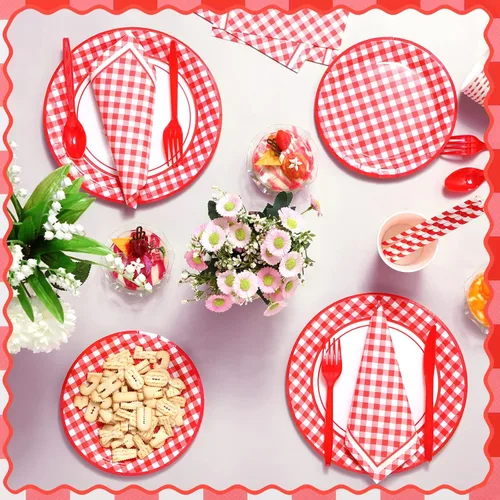 Miniatura 6 de Sieral 200 piezas de suministros de fiesta de cuadros rojos para 25 invitados, kits de vajilla desechable con platos de papel, vasos, servilletas