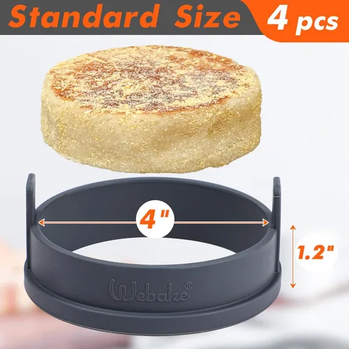 Miniatura 2 de Webake Anillos de silicona para muffins ingleses de 4 pulgadas, antiadherentes, tamaño estándar, anillos para huevos, sin BPA, juego de 4 Gris