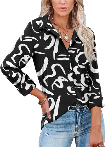 HOTOUCH Camisas de botones de manga larga para mujer, camisas de vestir casuales con cuello en V y cuello, tops para trabajo de oficina, blusa con