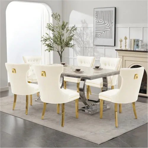 Miniatura 28 de adochr Juego de 2 sillas de comedor de terciopelo, sillas de cocina tapizadas con patas de metal, respaldo abotonado moderno con anillo de tracción