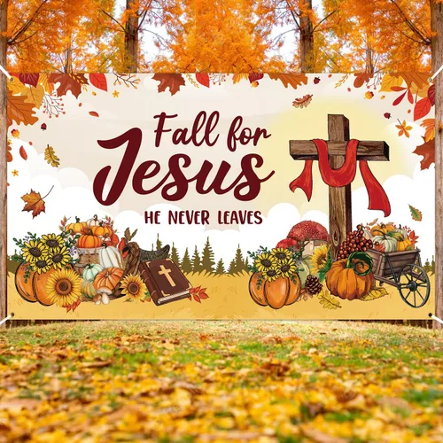 Miniatura 6 de WATINC Decoración de pancarta extragrande de otoño para Jesús, con texto en inglés "Fall for Jesus" ("Fall for Jesus", "El nunca deja"), fondo