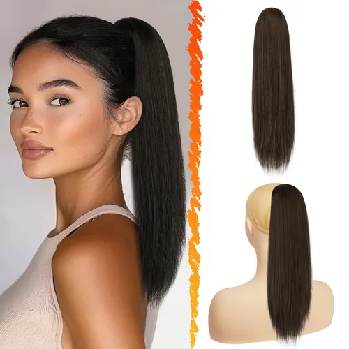 Miniatura 33 de BARSDAR Extensión de cola de caballo corta y recta - Extensiones de pelo con cordón de 16 pulgadas, rubio para mujeres - Extensiones de pelo Rubio