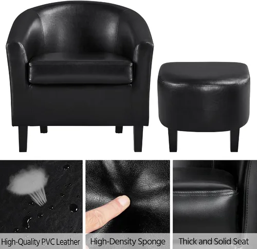Miniatura 6 de Yaheetech Sillón moderno con reposapiés de piel sintética con reposapiés, silla de lectura con reposapiés, color negro