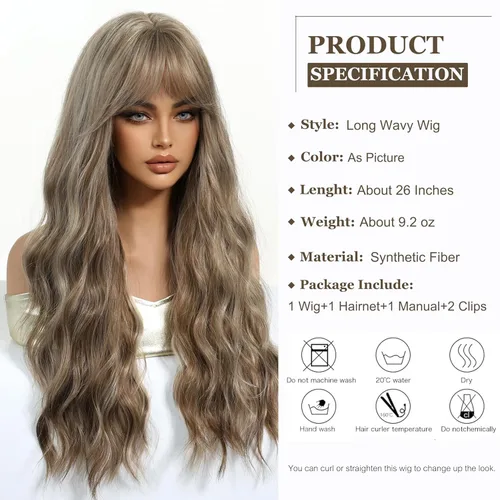 Miniatura 2 de Esmee Pelucas largas onduladas de color rubio ceniza para mujer con flecos, peluca de cabello sintético natural para uso diario y de fiesta