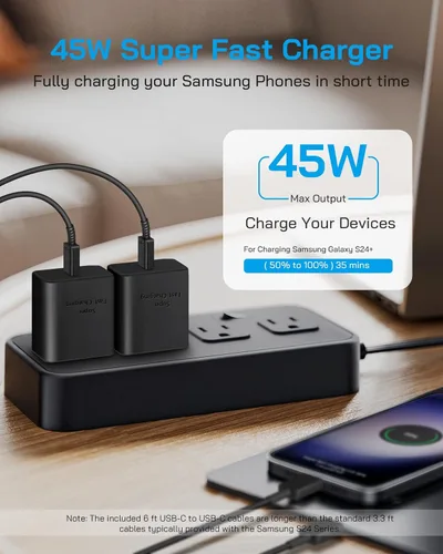 Miniatura 3 de AISNI Paquete de 2 cargadores de teléfono Android tipo C de 45 W tipo C con cable de carga rápida tipo C de 6 pies para Samsung Galaxy