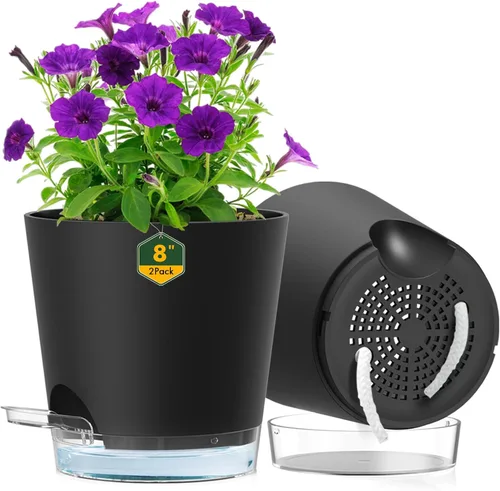 Miniatura 11 de Meowell Macetas de riego automático de 5 pulgadas para plantas de interior, paquete de 5 macetas pequeñas con agujeros de drenaje y depósito