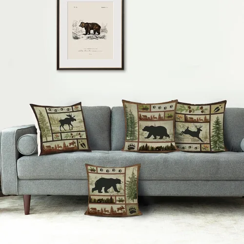 Miniatura 2 de Bonhause Rustic Cabin Bear Throw Pillow Covers 16 x 16 Inch Set of 4 Lodge Moose Deer Animal Decorative Pillows Case Polyester Linen Outdoor Cushion