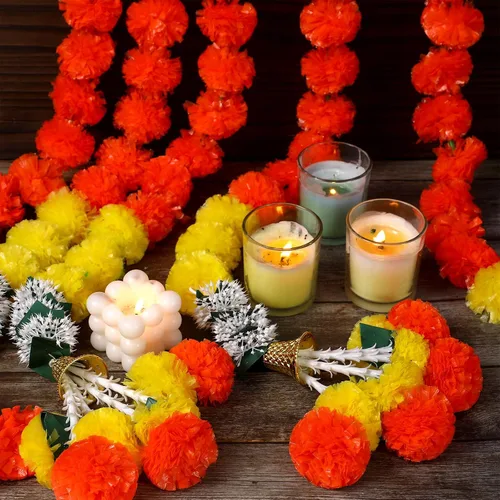 Miniatura 3 de 5 guirnaldas de caléndula Diwali para decoración de flores artificiales indias de caléndula de 5 pies de largo, guirnaldas largas para decoración