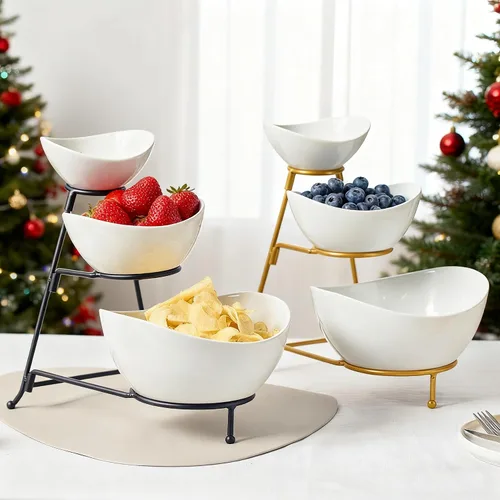 Miniatura 7 de Gomakren - Juego de cuencos ovalados de 3 niveles, soporte plegable de metal negro Multi-capacity porcelain bowls holiday party display, stable