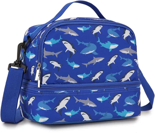 Bolsa de almuerzo para niños, lonchera aislada, bonita bolsa térmica con doble compartimento y correa de hombro extraíble, tiburón azul VONXURY