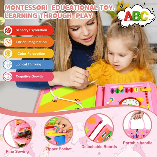 Miniatura 6 de Tabla de actividades Montessori para niños pequeños de 1 a 3 años, regalo de cumpleaños para niñas, tablero de libros Montessori educativo Rosa