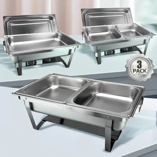 Juego de 3 platos de bufé con sartenes de tamaño completo y 1/2 tamaño, 8 cuartos de galón, calentador de alimentos portátil de acero inoxidable