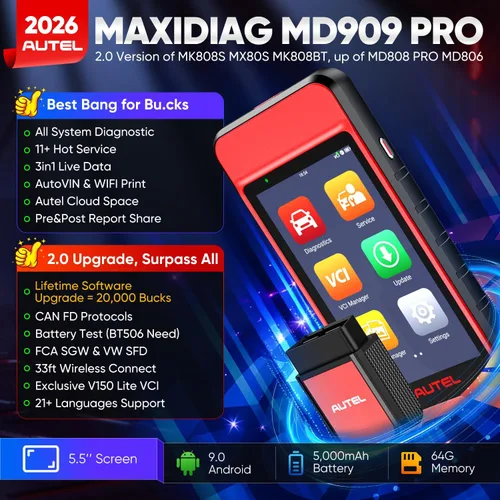 Miniatura 2 de Autel Escáner MaxiDiag MD909 PRO OBD2, lector de códigos de automóvil MD909PRO 2026, herramienta de diagnóstico de todos los sistemas, 11 servicios