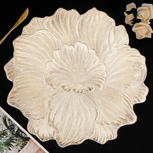 Juego de 6 manteles individuales dorados redondos para mesa de comedor, manteles individuales de flor de camelia prensada de 15 pulgadas de vinilo
