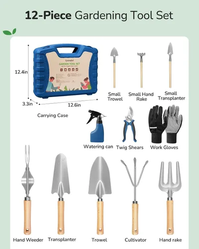 Miniatura 2 de Grenebo Juego de herramientas de jardinería de 12 piezas para hombres, herramientas de jardín de mano resistentes al óxido y de servicio pesado