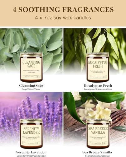 Miniatura 2 de Paquete de 4 velas perfumadas para el hogar: velas de soja para mujeres, juego de velas de aromaterapia de hasta 200 horas, juego de velas en tarro