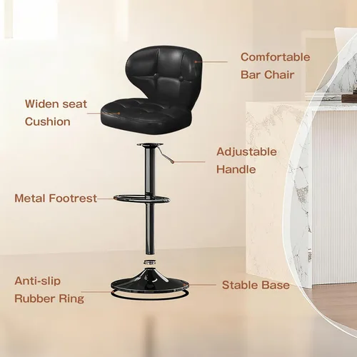 Miniatura 7 de Juego de 2 taburetes de bar, taburetes de bar giratorios ajustables con respaldo, sillas de bar de altura de mostrador con reposapiés, asiento Negro