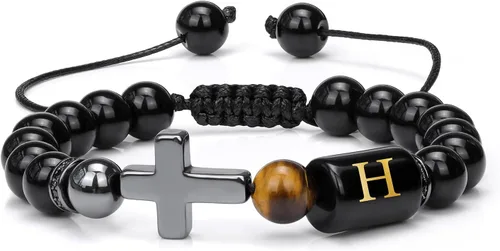 Pulseras de cuentas con iniciales para hombre, pulsera de triple protección de 0.315 in de obsidiana y hematita, hecha a mano con letras de piedra