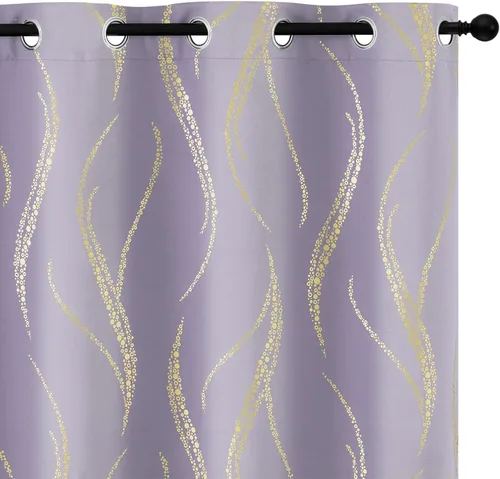 Miniatura 44 de Yakamok Cortinas opacas de 84 pulgadas de largo para sala de estar, con aislamiento térmico, patrón de líneas onduladas doradas, patrón de puntos