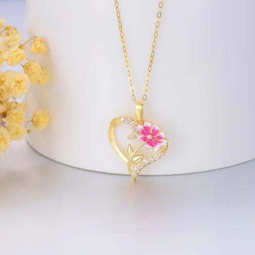 Miniatura 16 de Collar de flor de nacimiento de oro real de 14 quilates para mujer, oro amarillo creado moissanita con colgante de corazón, collares