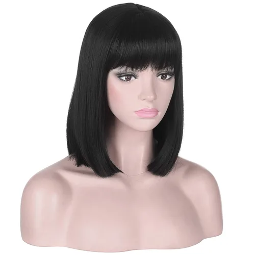 Miniatura 3 de Peluca corta y recta negra con flequillo para mujer Pelucas de cabello sintético resistente al calor natural