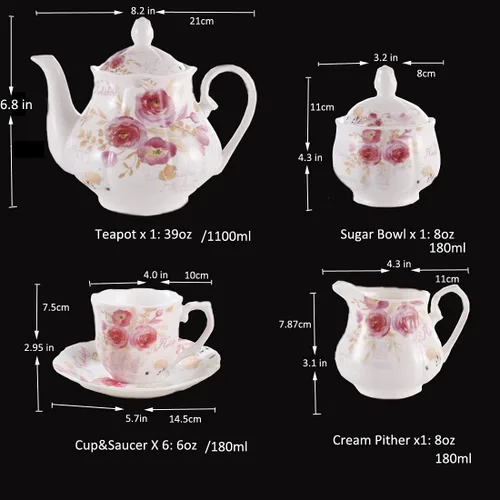 Guangyang - Juego de té de porcelana de 15 piezas (calcomanía de flor de rosa), tetera de calabaza con 6 tazas y 6 platillos (diseño de palabras