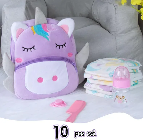 Miniatura 5 de Juego de 10 bolsas de pañales para muñecas Reborn de 17 a 24 pulgadas, accesorios para bebés recién nacidos, con mochila de unicornio, pañales
