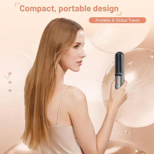 Miniatura 5 de Cepillo alisador de pelo inalámbrico, portátil, mini USB-C, peine alisador de cabello, antiquemaduras, recargable, cepillo alisador de pelo caliente