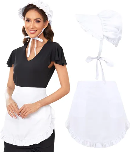 Miniatura 4 de Waist Apron Bonnet Set Colonial Cap Vintage Maid Hat Apron With Pockets Cooking Costume