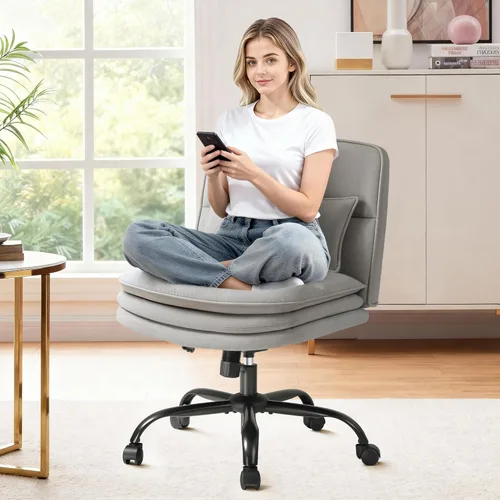 Miniatura 8 de Furmax Silla de Oficina con Patas Cruzadas con Ruedas, Asiento Extra Ancho Sin Brazos Silla de Escritorio Giratoria, Altura Ajustable Silla