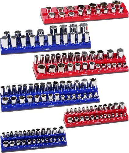 VEVOR Juego de Organizador Magnético de Dados, 6 Piezas Portadados, Bandejas de Dados Métricos y SAE de 1/4'', 3/8'' y 1/2'' con Etiquetas