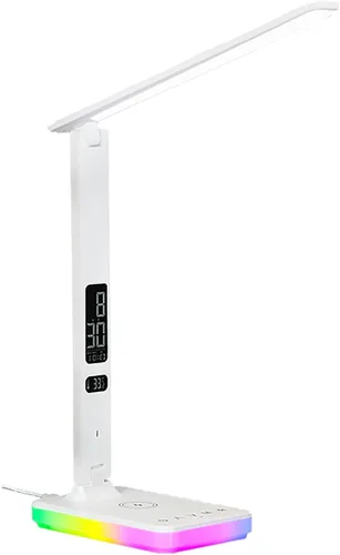 Lámpara de escritorio LED con carga inalámbrica y por cable, luz de mesa plegable, 5 modos de brillo y 3 modos de iluminación, pantalla de tiempo y